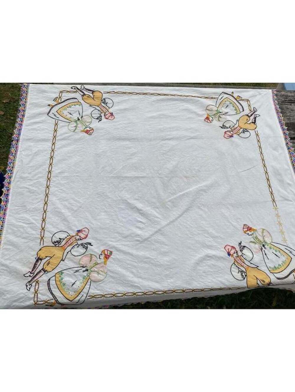 Vintage Yogurt Embroidered Folk Art Tablecloth with Crocheted Edge